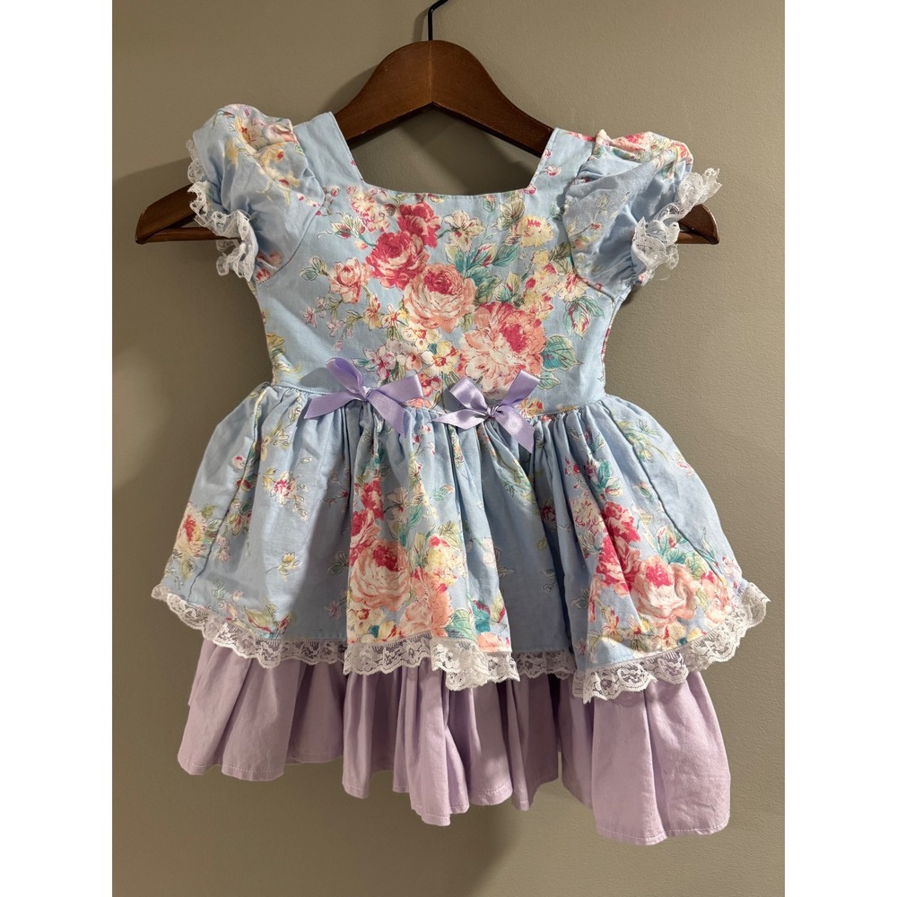 Bitty Bundles of Joy Dress Floral Lace Tiered Size 4T Blue Purple Girls